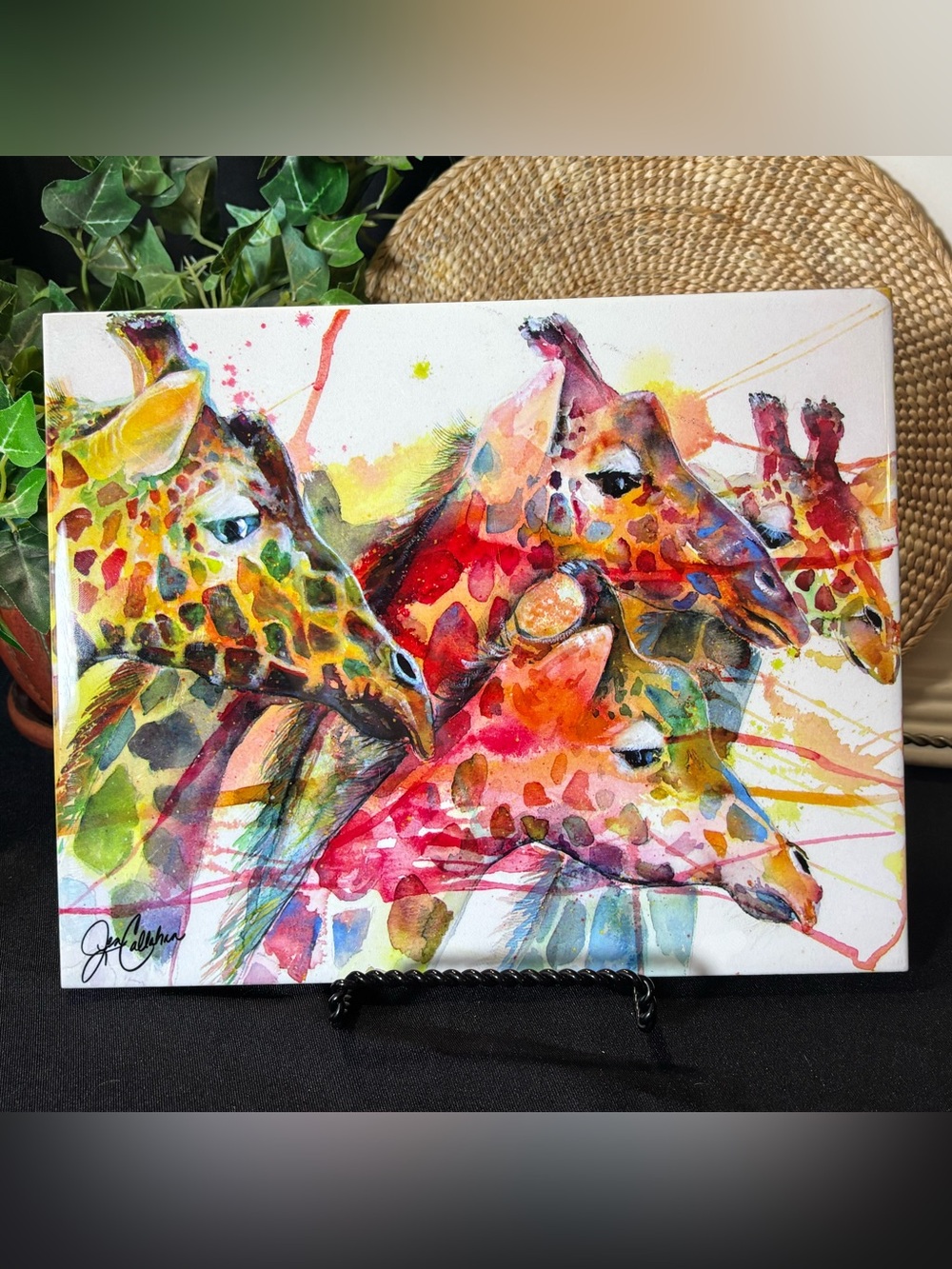Giraffe Ceramic Art Tile Colorful Watercolor by Jen Callahan Safari Decor 10"x8"